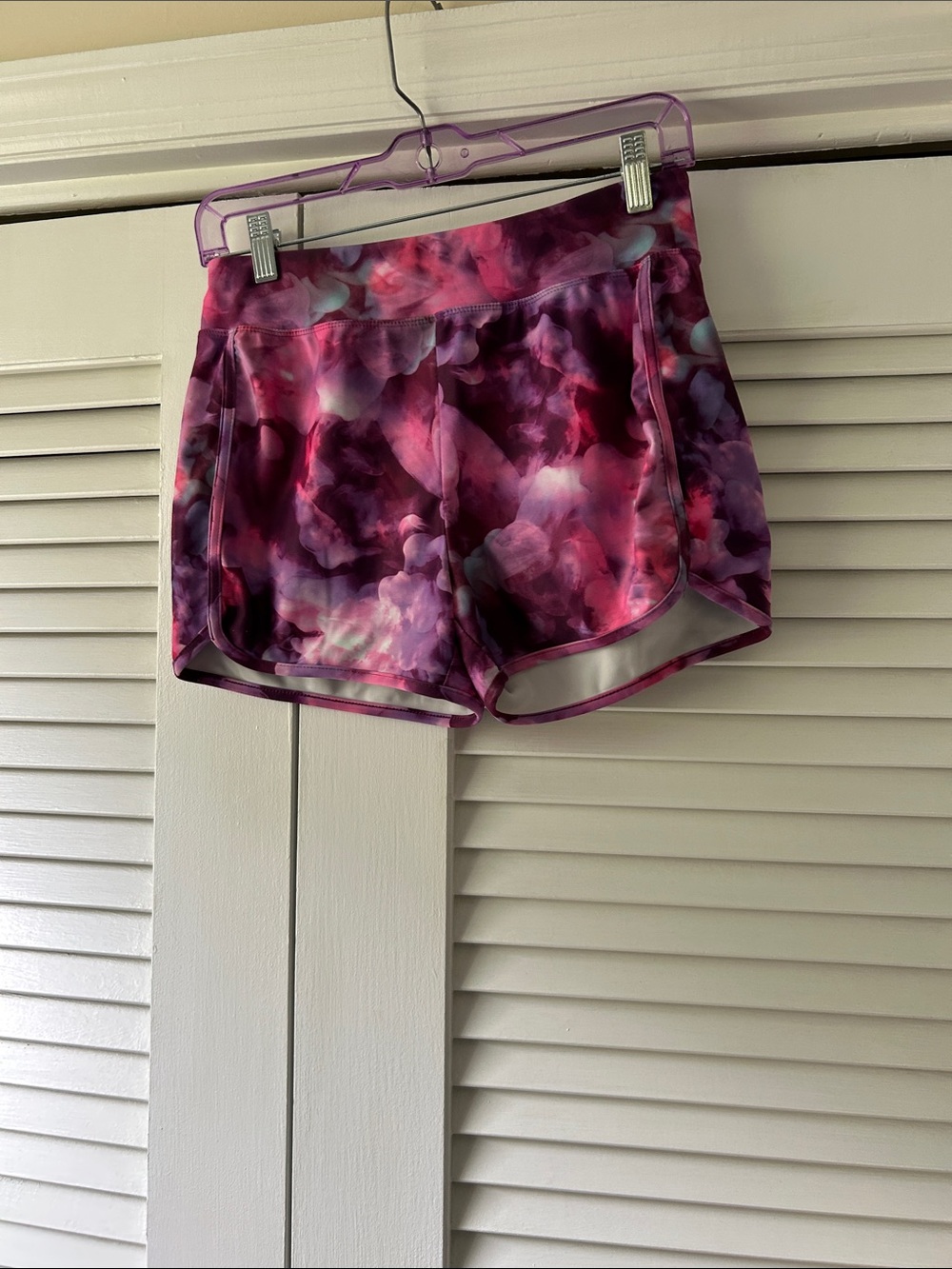 Women's Pink-Purple Floral Athletic Shorts with Stretch Waistband
